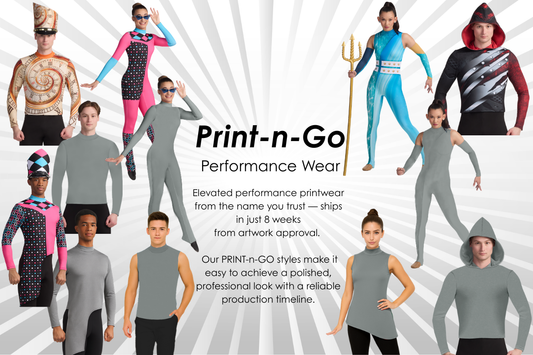 Print-n-Go Performance Wear by Algy featuring customizable marching band and color guard performance apparel, including tunics, unitards, hoodies, and tops. Custom printed garments ship in approximately 8 weeks from artwork approval.