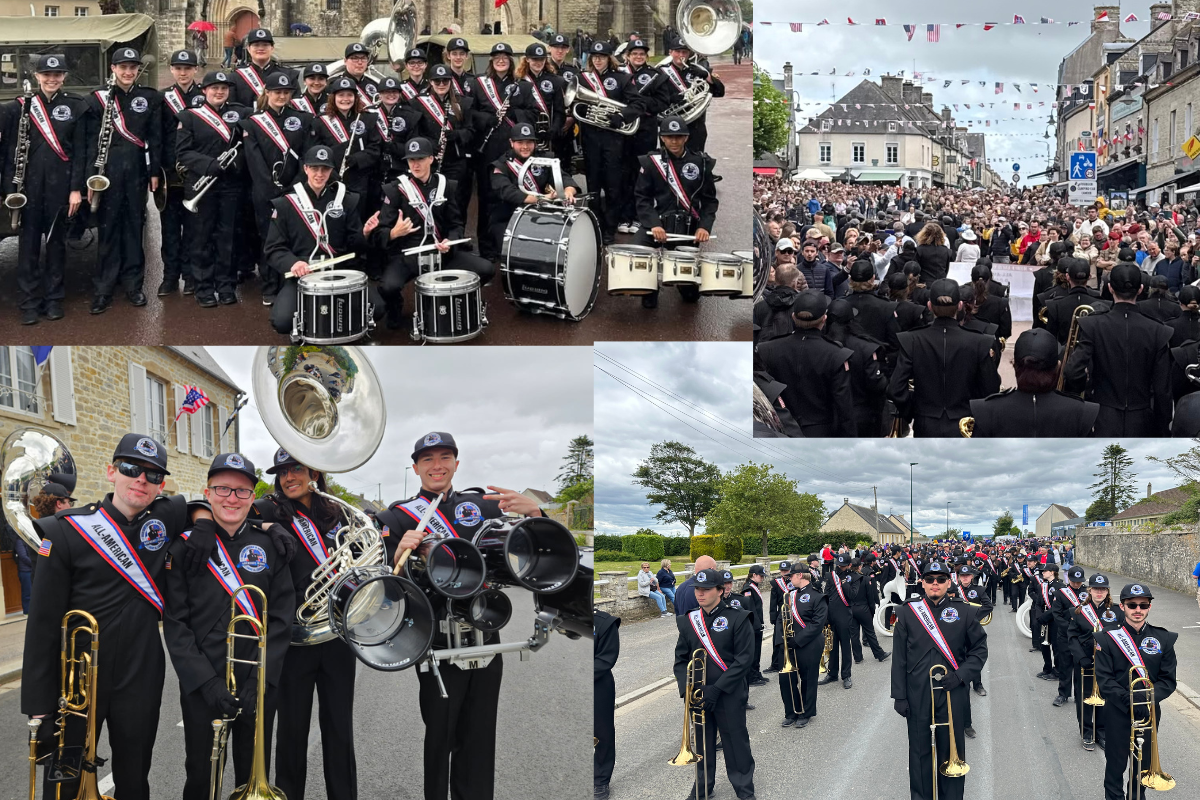 Collage of the All-American D-Day Band performing in Normandy, France, during commemorative D-Day events. Images show student musicians in DeMoulin uniforms marching through historic streets, performing in parades, and gathering with large crowds.