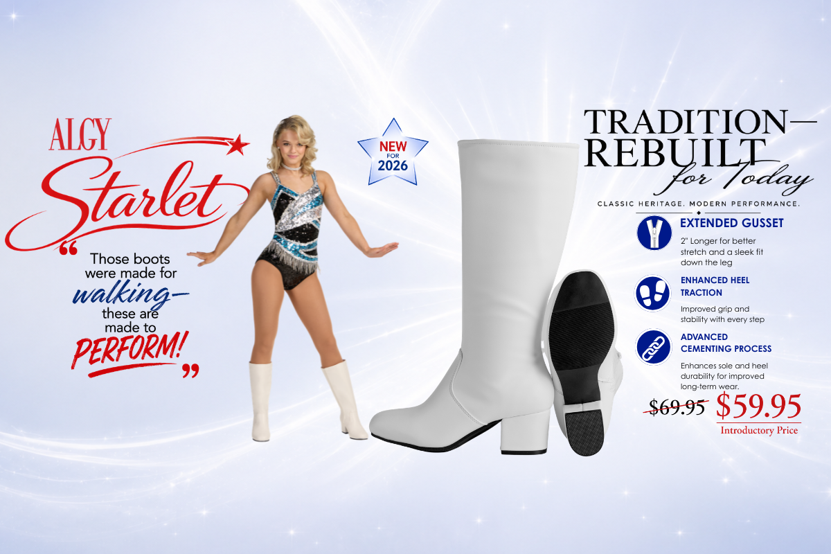 Algy Starlet white majorette boot featuring a classic silhouette with modern comfort upgrades, including an extended gusset, enhanced heel traction, and advanced cementing process. Introductory price of $59.95.