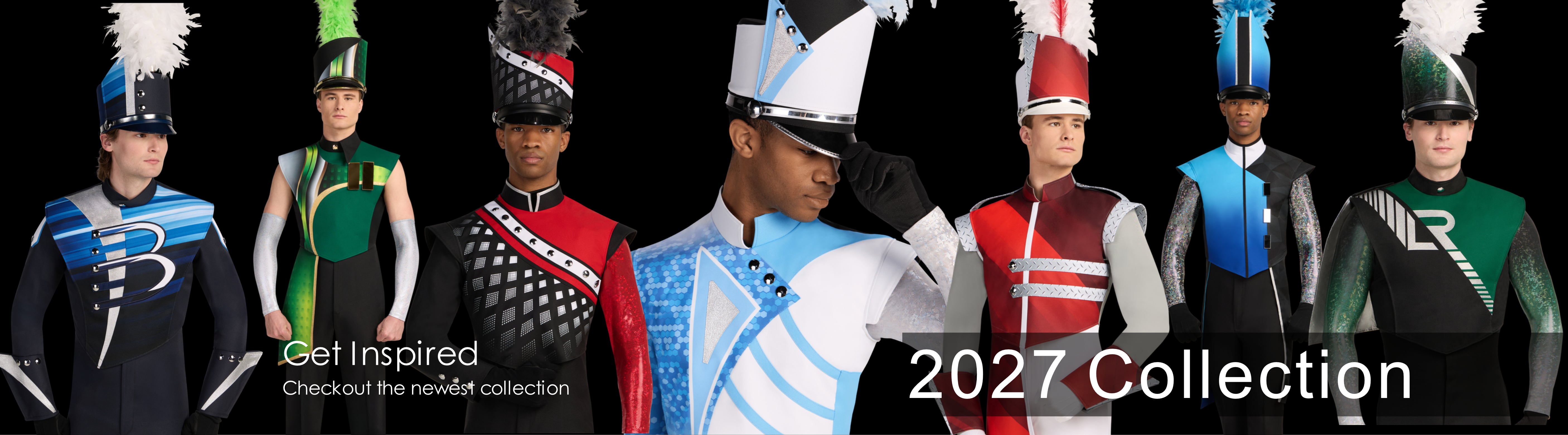 A promotional banner showing multiple cadet-style uniform outfits on models against a black background, with text reading 'Get Inspired Check out the newest collection' and '2027 Collection'. The uniforms feature bright blue, red, green, black, and white colors with feathered hats and structured military-inspired costumes.