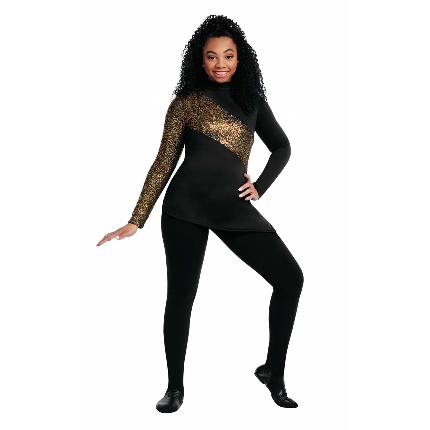 Woman wearing a black and gold outfit on a white background