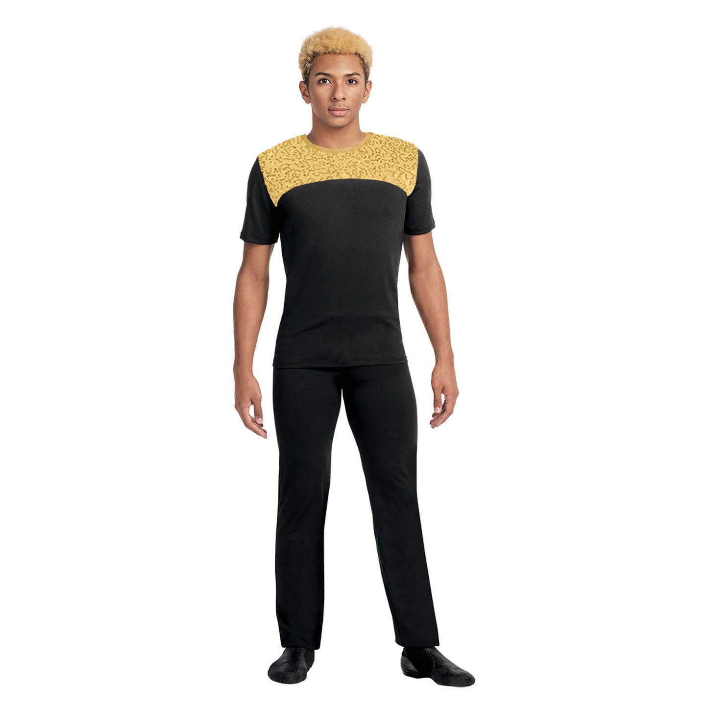 Person wearing a black and gold outfit on a white background