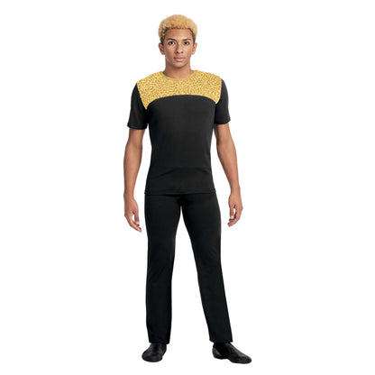 Person wearing a black and gold outfit on a white background