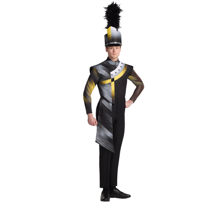 Person wearing a black, gray, and yellow marching band uniform with a tall hat on a white background