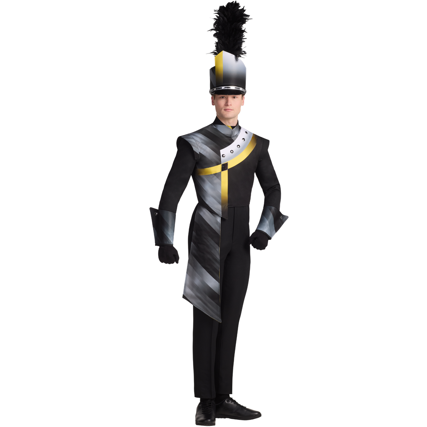 Person wearing a black and gray uniform with a tall hat on a white background