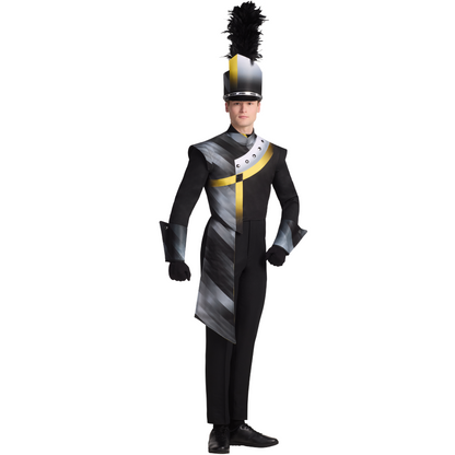 Person wearing a black and gray uniform with a tall hat on a white background