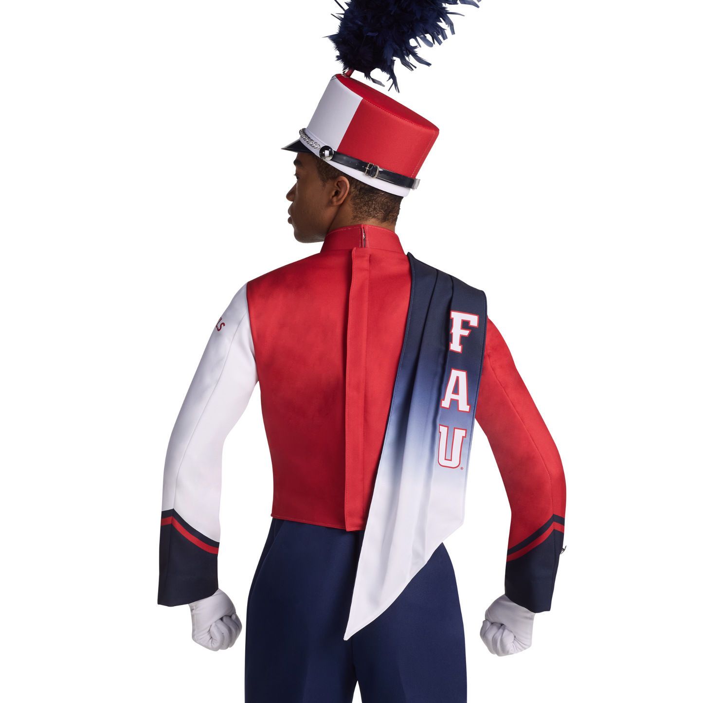 Person wearing a red, white, and blue marching band uniform with 'FAU' on a white background