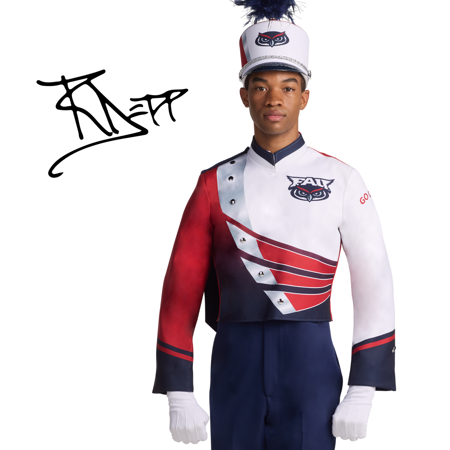 Person wearing a red, white, and blue marching band uniform with a white hat on a white background.