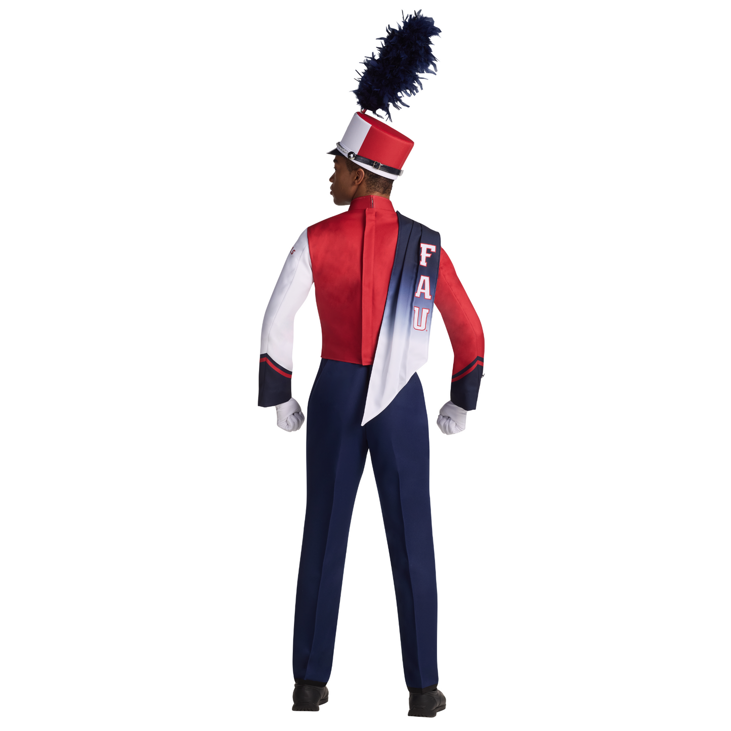 Person wearing a red, white, and blue marching band uniform with 'FAU' on a white background