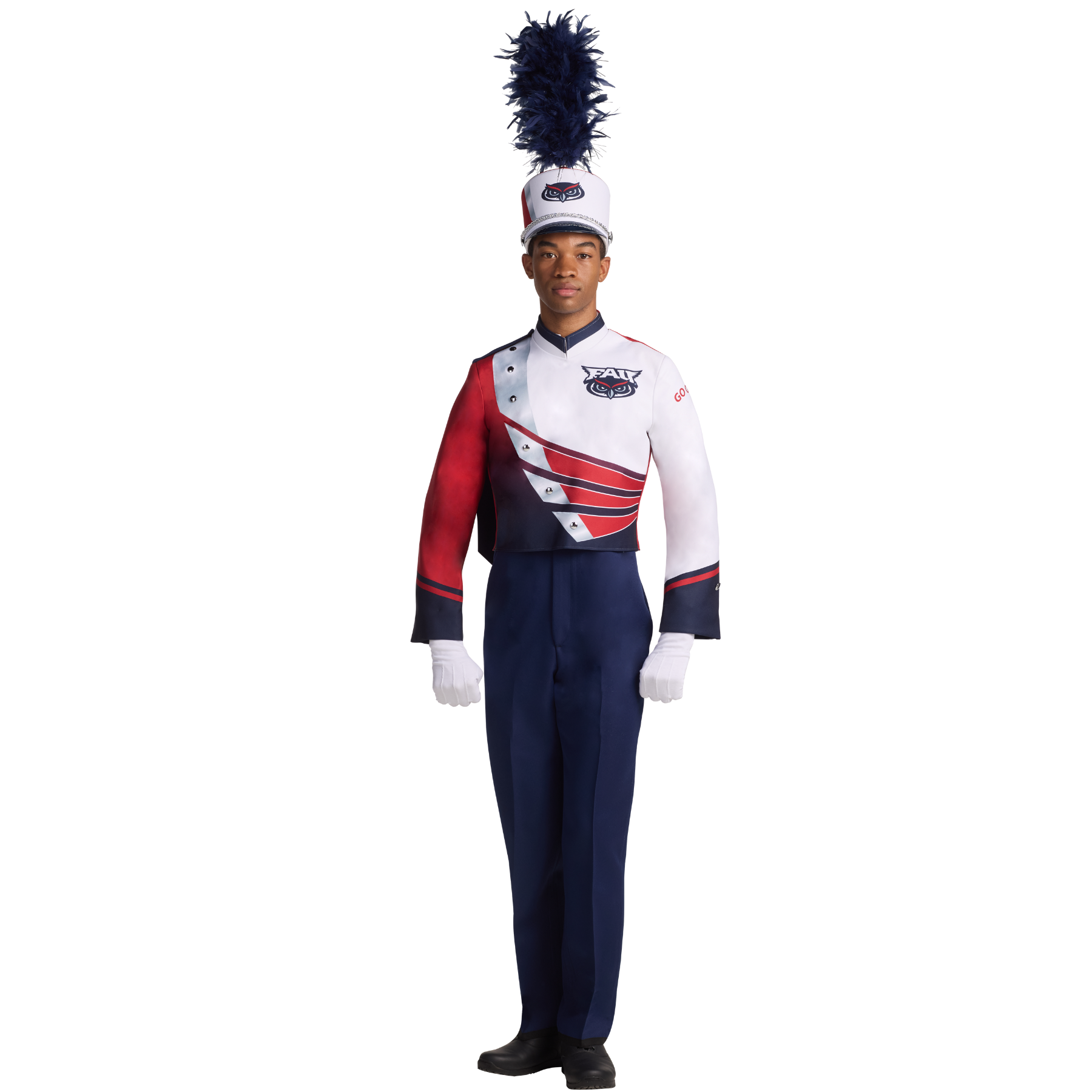 Person wearing a marching band uniform with a pom-pom on a white background