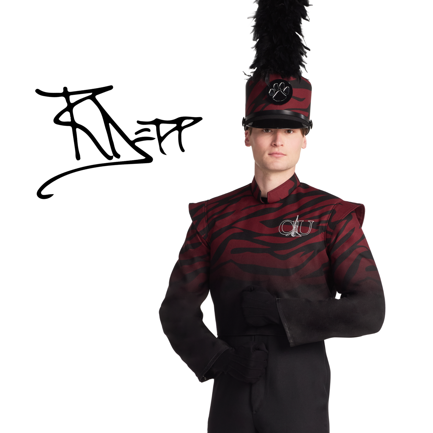 Person wearing a black and red uniform with a feathered hat on a white background