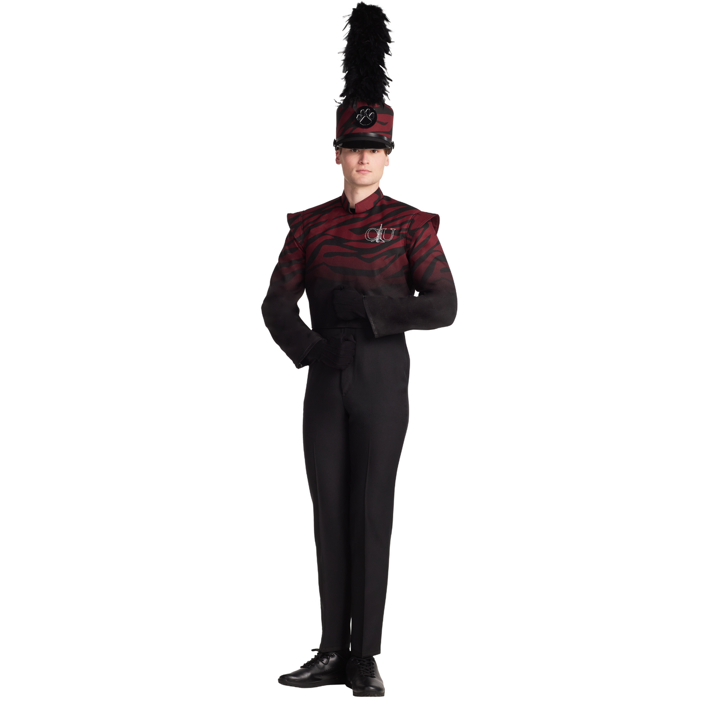 Person wearing a black and red uniform with a tall hat on a white background