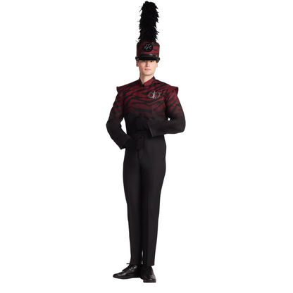 Person wearing a black and red uniform with a tall hat on a white background