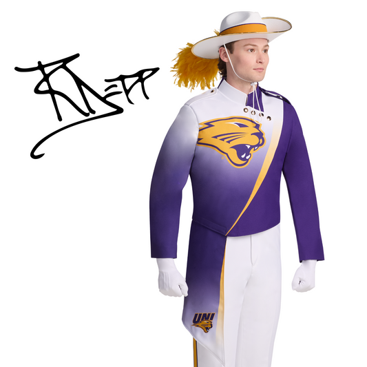 Person wearing a purple and white marching band uniform with a logo, on a white background.