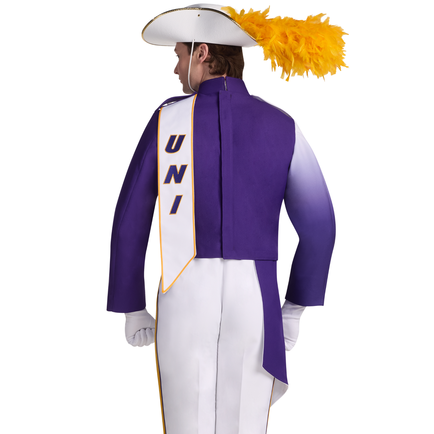 Person wearing a purple and white uniform with a yellow sash and hat on a white background