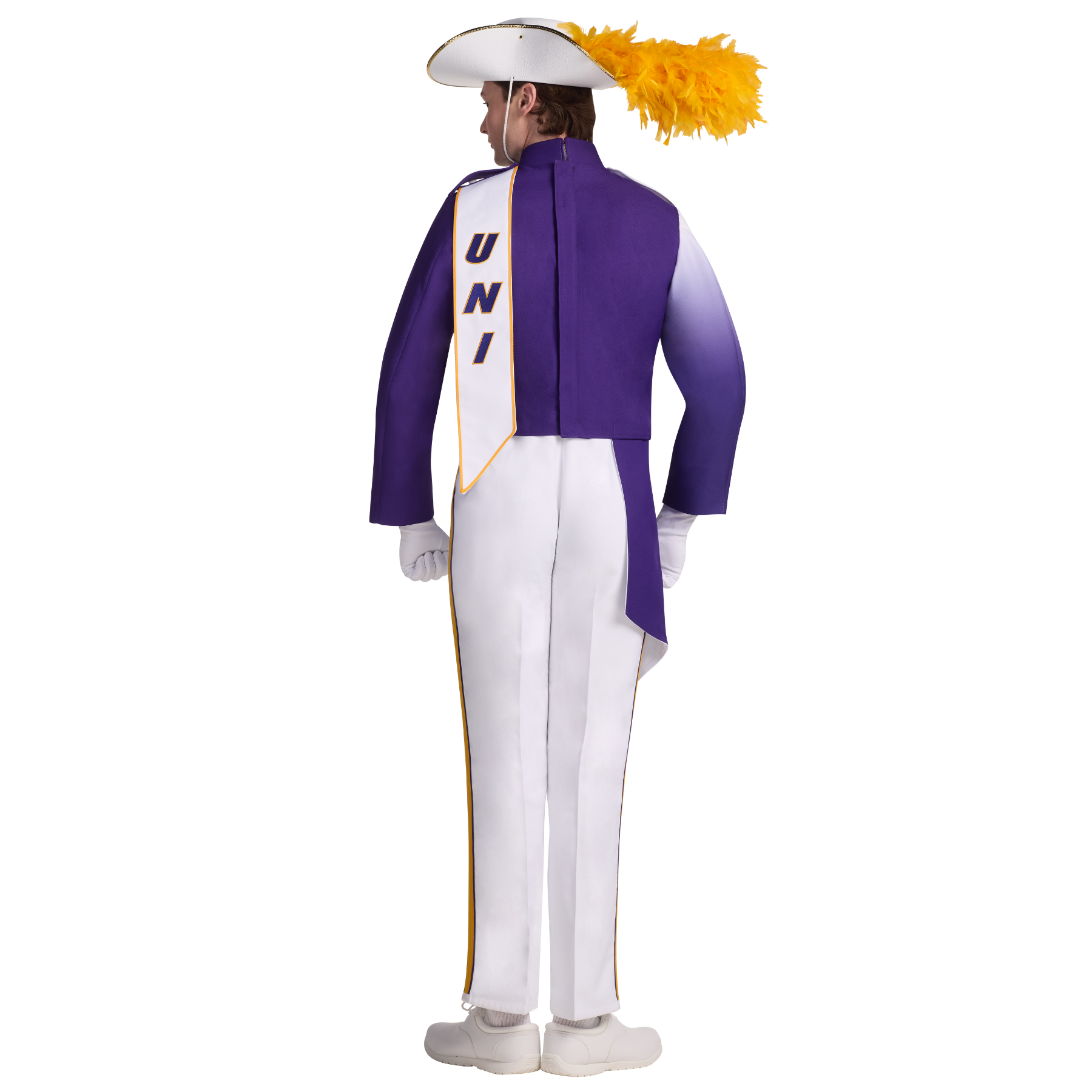 Person wearing a purple and white uniform with 'UNI' on a white background