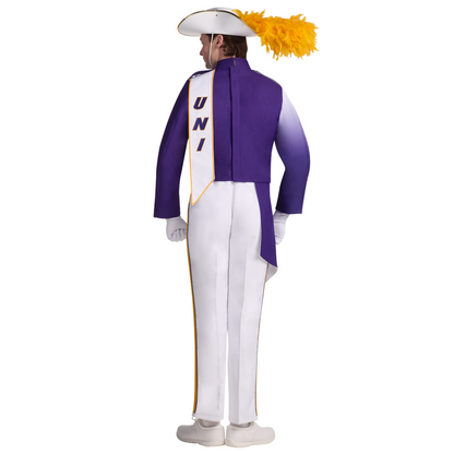 Person wearing a purple and white uniform with 'UNI' on a white background