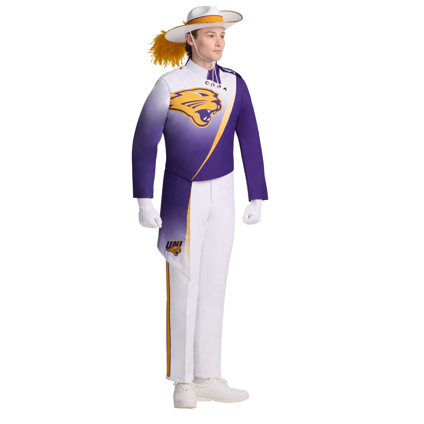 Person wearing a purple, white, and yellow marching band uniform with a logo on a white background