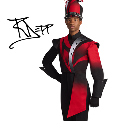 Person wearing a colorful and black costume with a rainbow hat on a white background