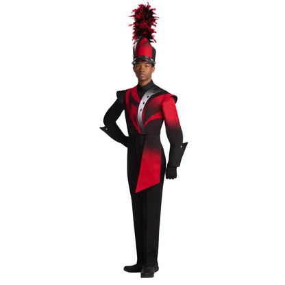 Person wearing a red and black marching band uniform with a tall pom-pom hat on a white background