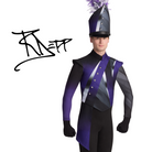 Person wearing a purple and black marching band uniform with a hat on a white background