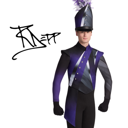 Person wearing a purple and black marching band uniform with a hat on a white background