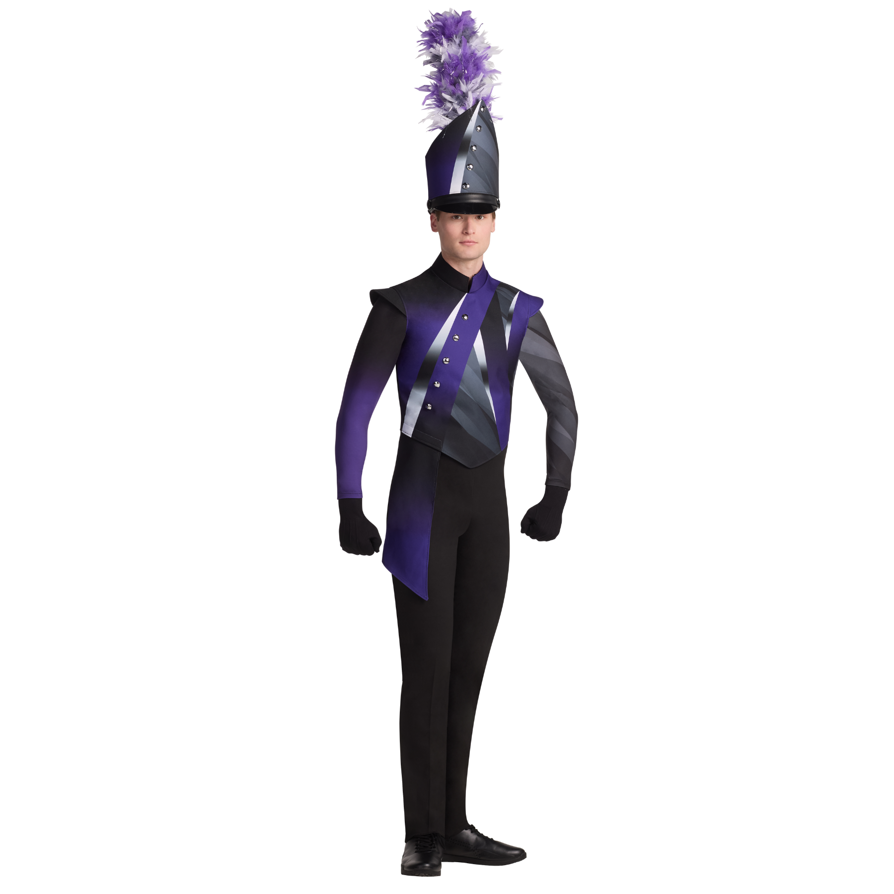 Person wearing a black and purple marching band uniform with a hat and pom-pom on a white background