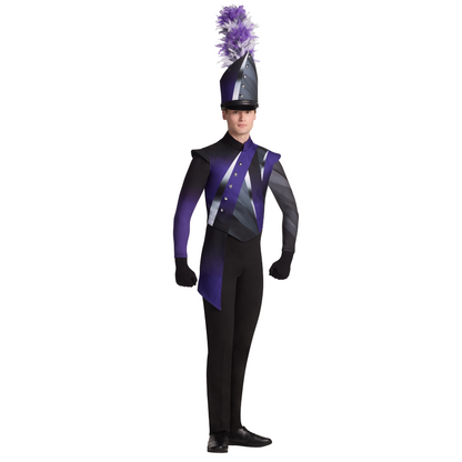 Person wearing a black and purple marching band uniform with a hat and pom-pom on a white background