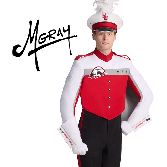Person wearing a red and white marching band uniform with 'M Gray' logo.