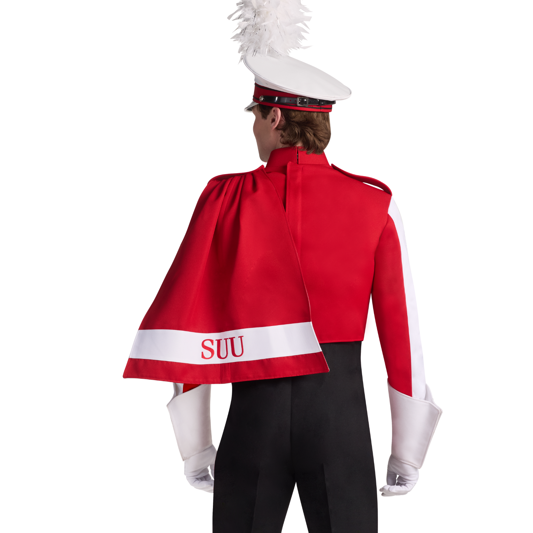 Person wearing a red and black uniform with a cape and hat on a white background