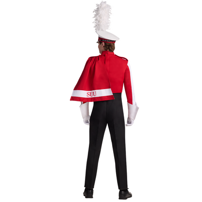 Person wearing a red and black uniform with a white feathered hat on a white background