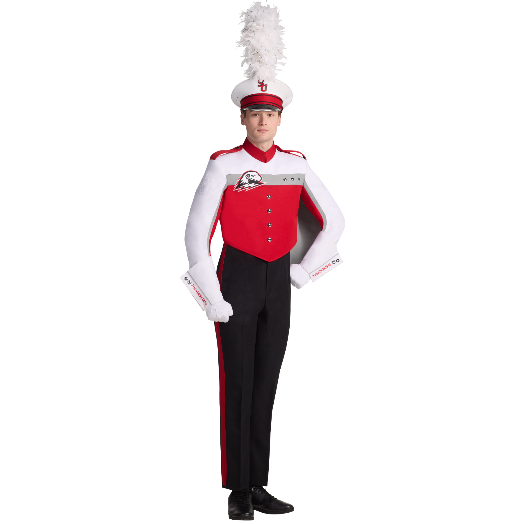 Person wearing a red and white marching band uniform on a white background
