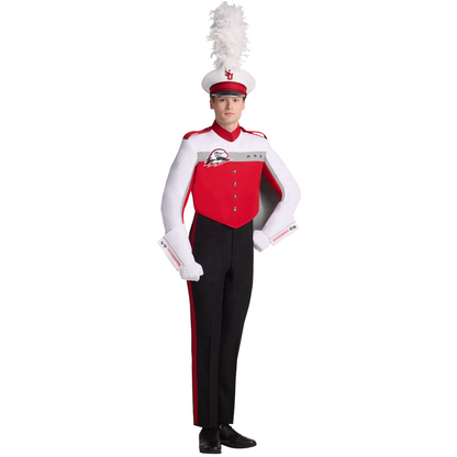 Person wearing a red and white marching band uniform on a white background