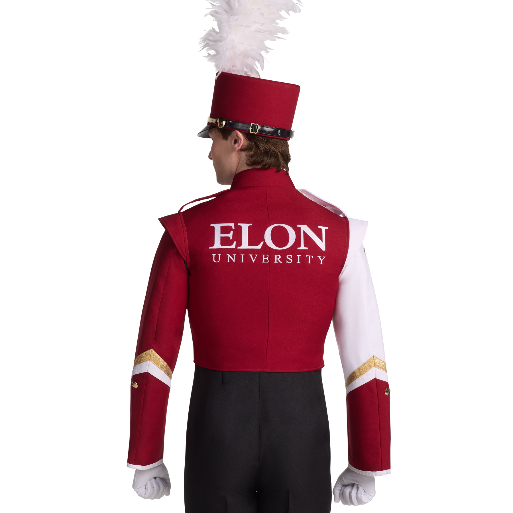 Person wearing a red and white uniform with 'Elon University' on the back, on a white background