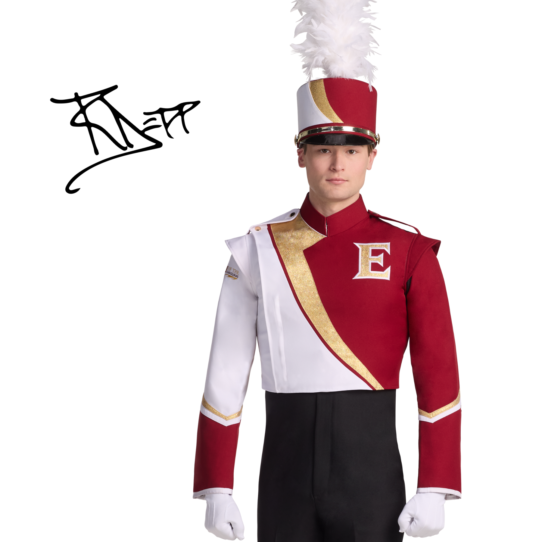 Person wearing a red and white marching band uniform with a large 'E' on a white background