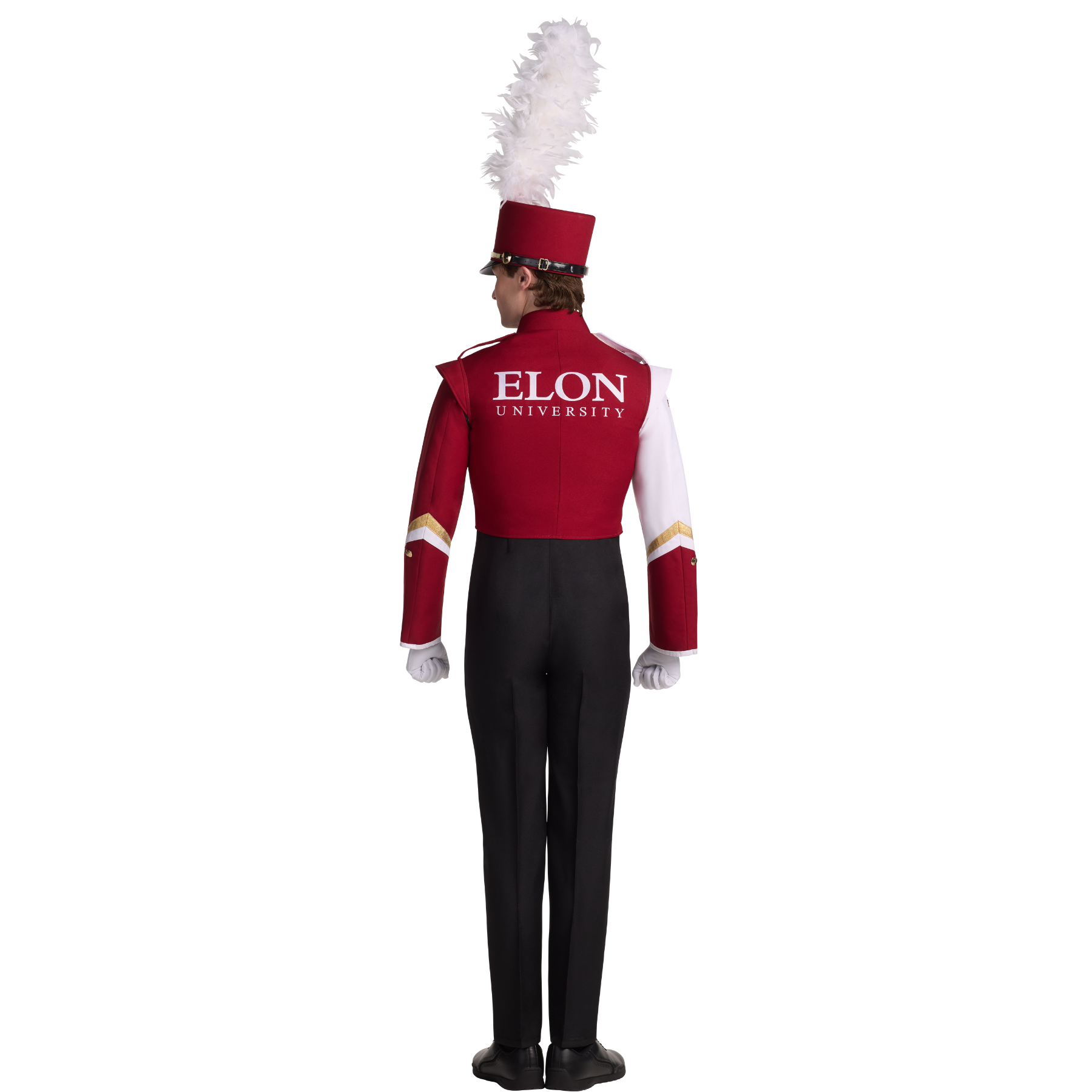 Person wearing a red and black marching band uniform with 'Elon University' on the back against a white background