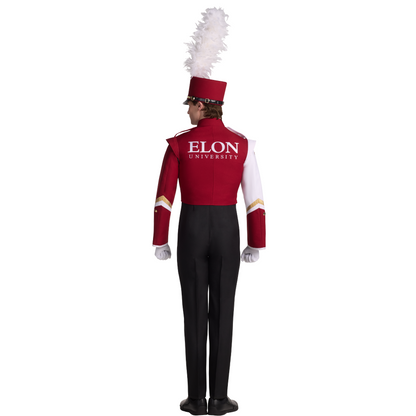 Person wearing a red and black marching band uniform with 'Elon University' on the back against a white background