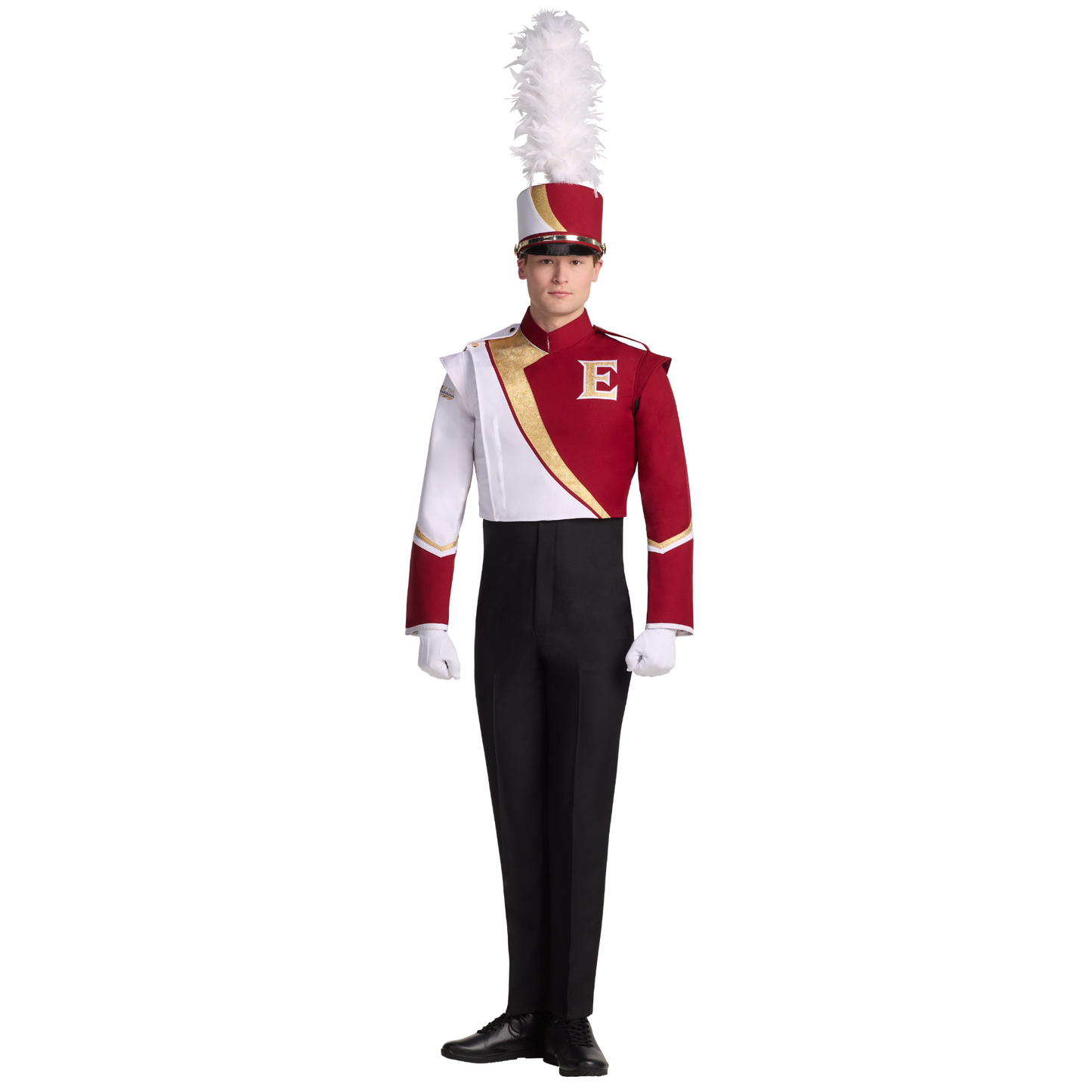 Person wearing a red and black marching band uniform with a white feathered helmet on a white background