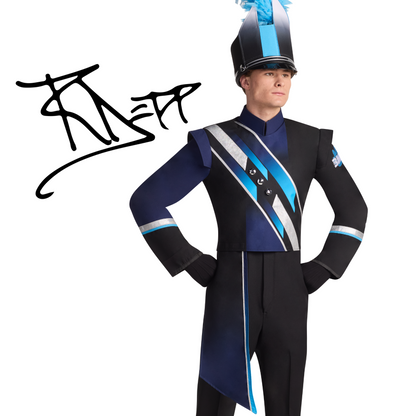 Person wearing a black and blue marching band uniform with a helmet on a white background