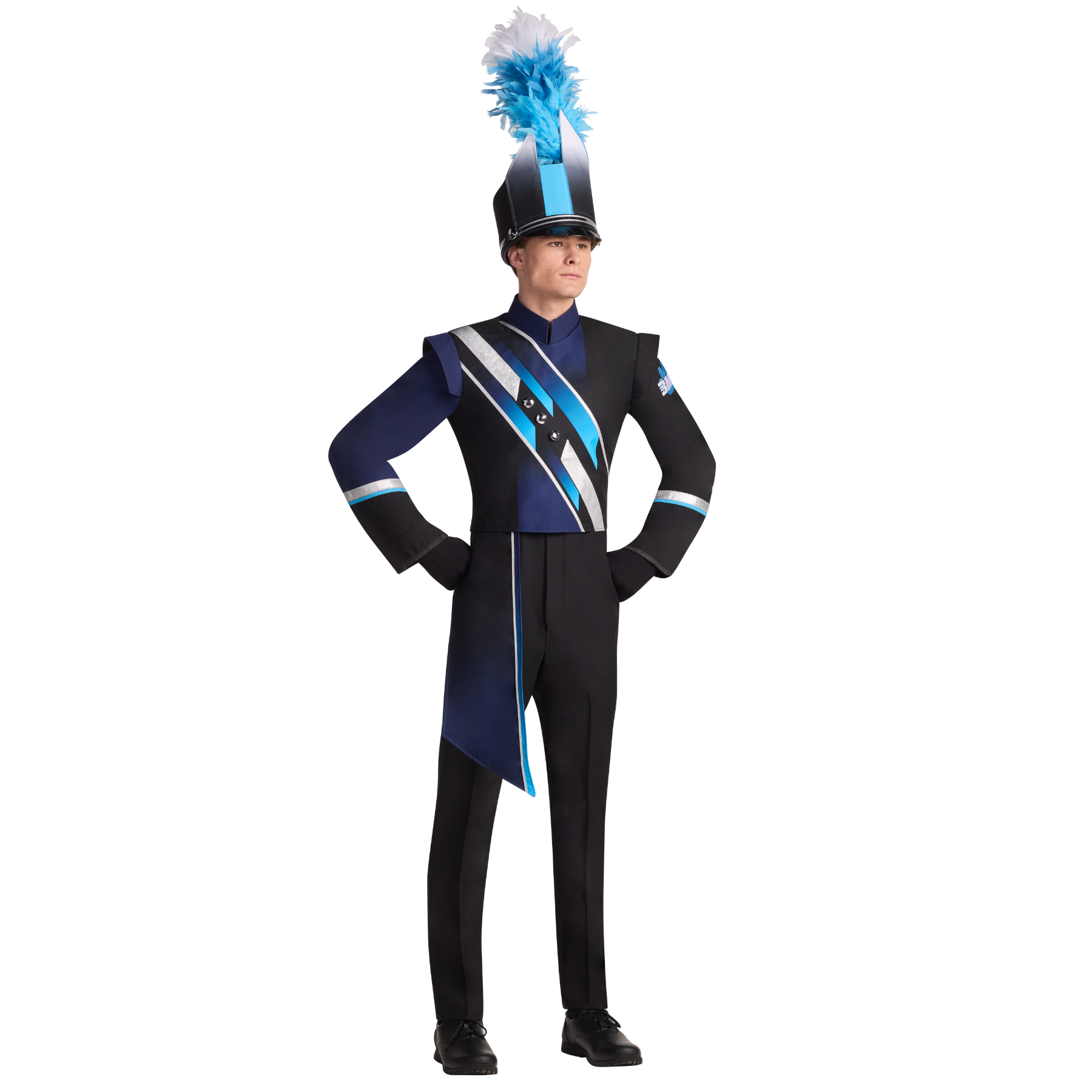 Person wearing a black and blue marching band uniform with a tall hat on a white background
