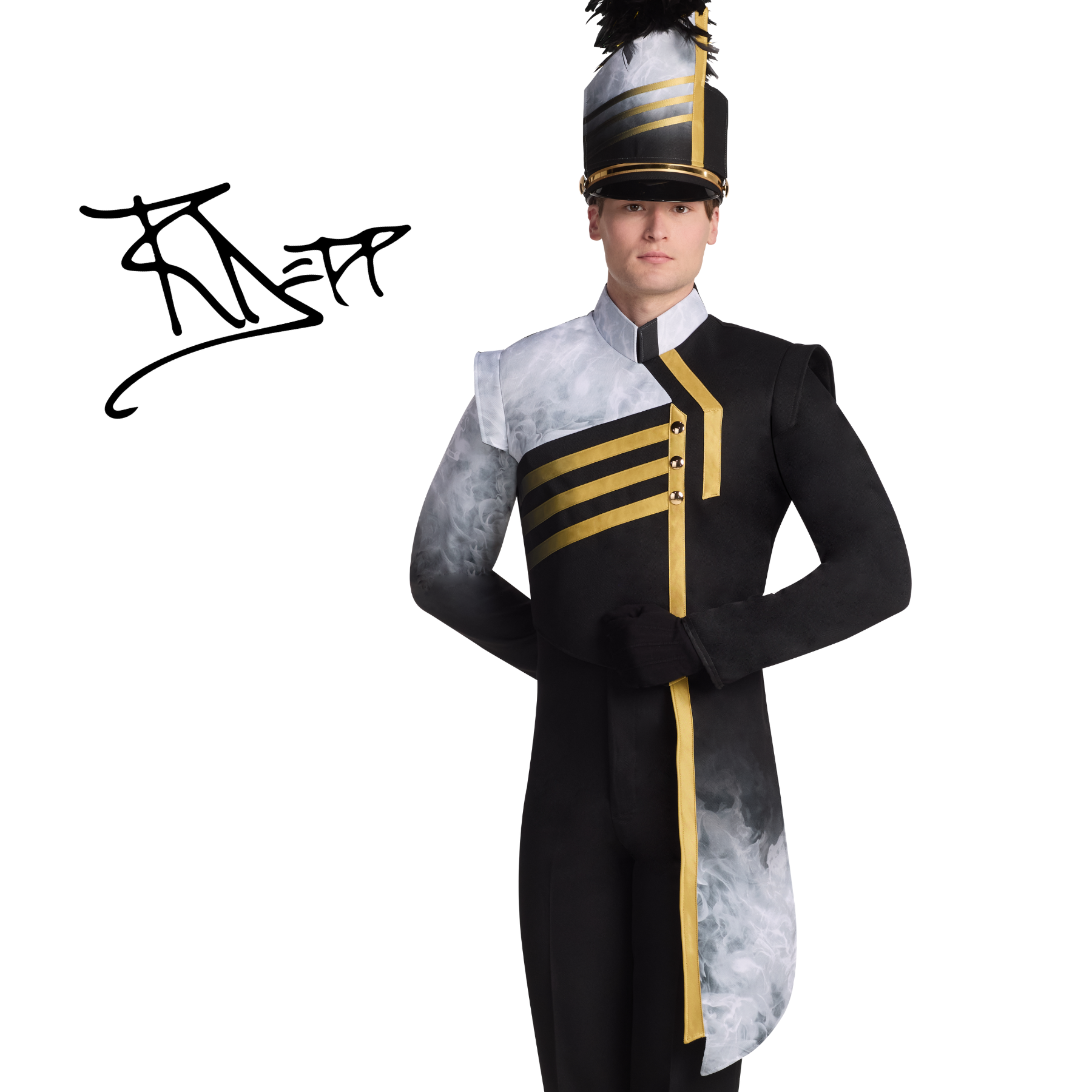 Person wearing a black, white, and gold marching band uniform on a white background