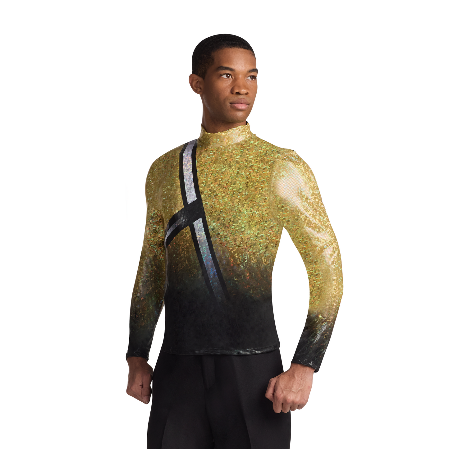 Man wearing a long-sleeve, patterned shirt with a gradient design on a white background