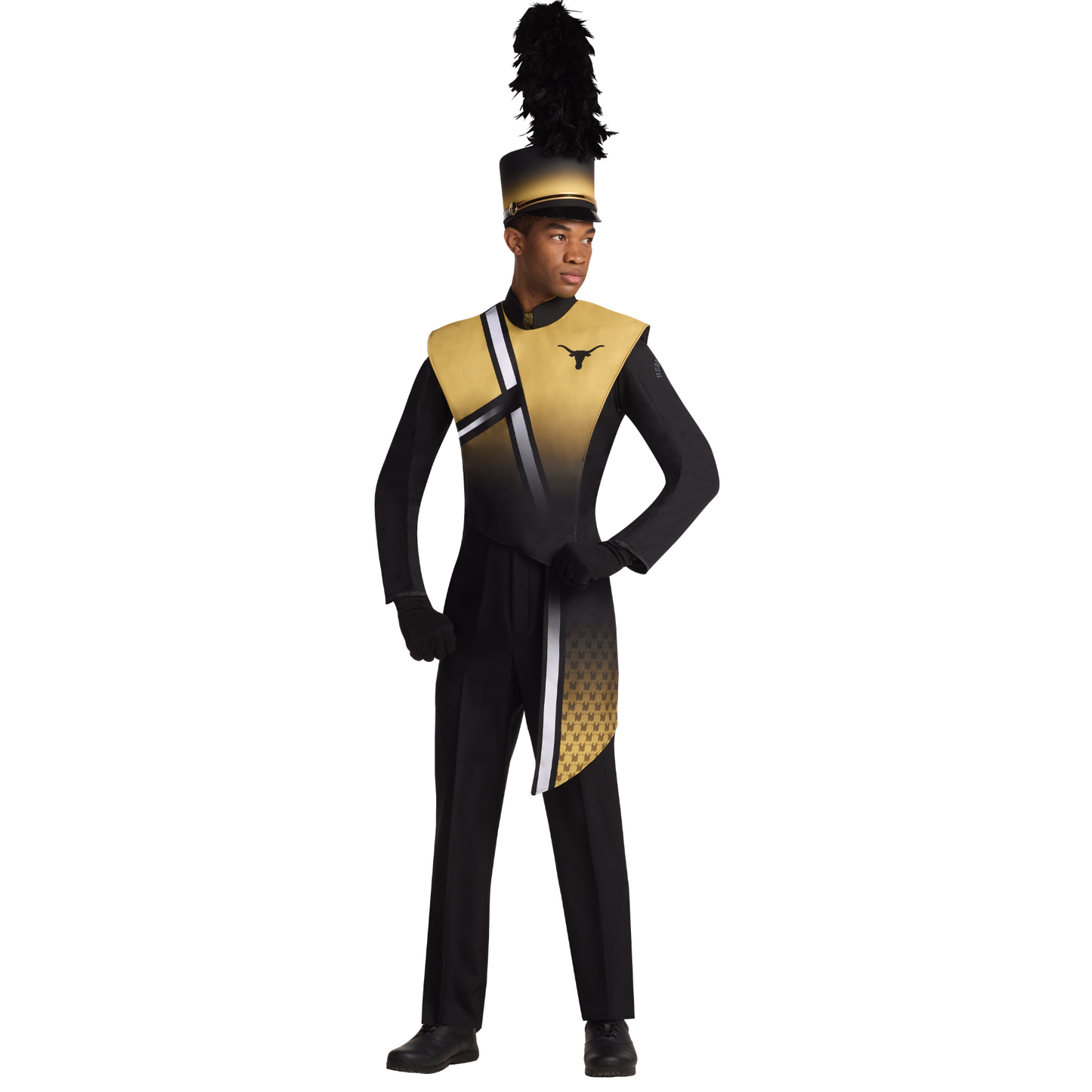 Person wearing a black and gold marching band uniform with a hat on a white background