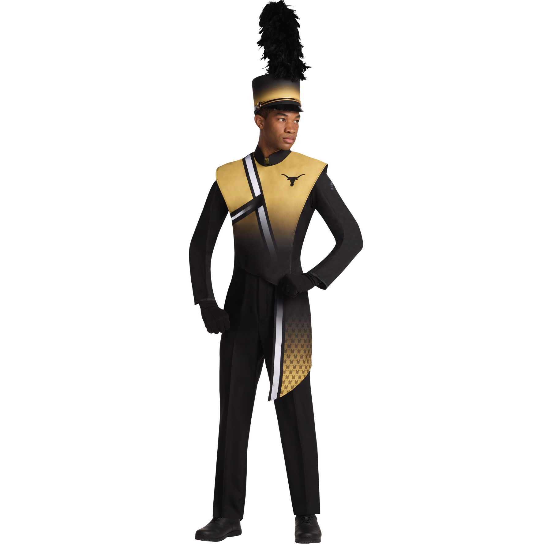 Person wearing a black and gold marching band uniform with a hat on a white background
