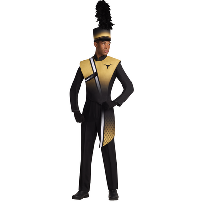 Person wearing a black and gold marching band uniform with a hat on a white background