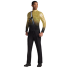 Person wearing a gradient outfit with gold, black, and green colors on a white background