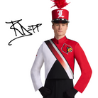 Person wearing a red and black marching band uniform with a sash and hat on a white background