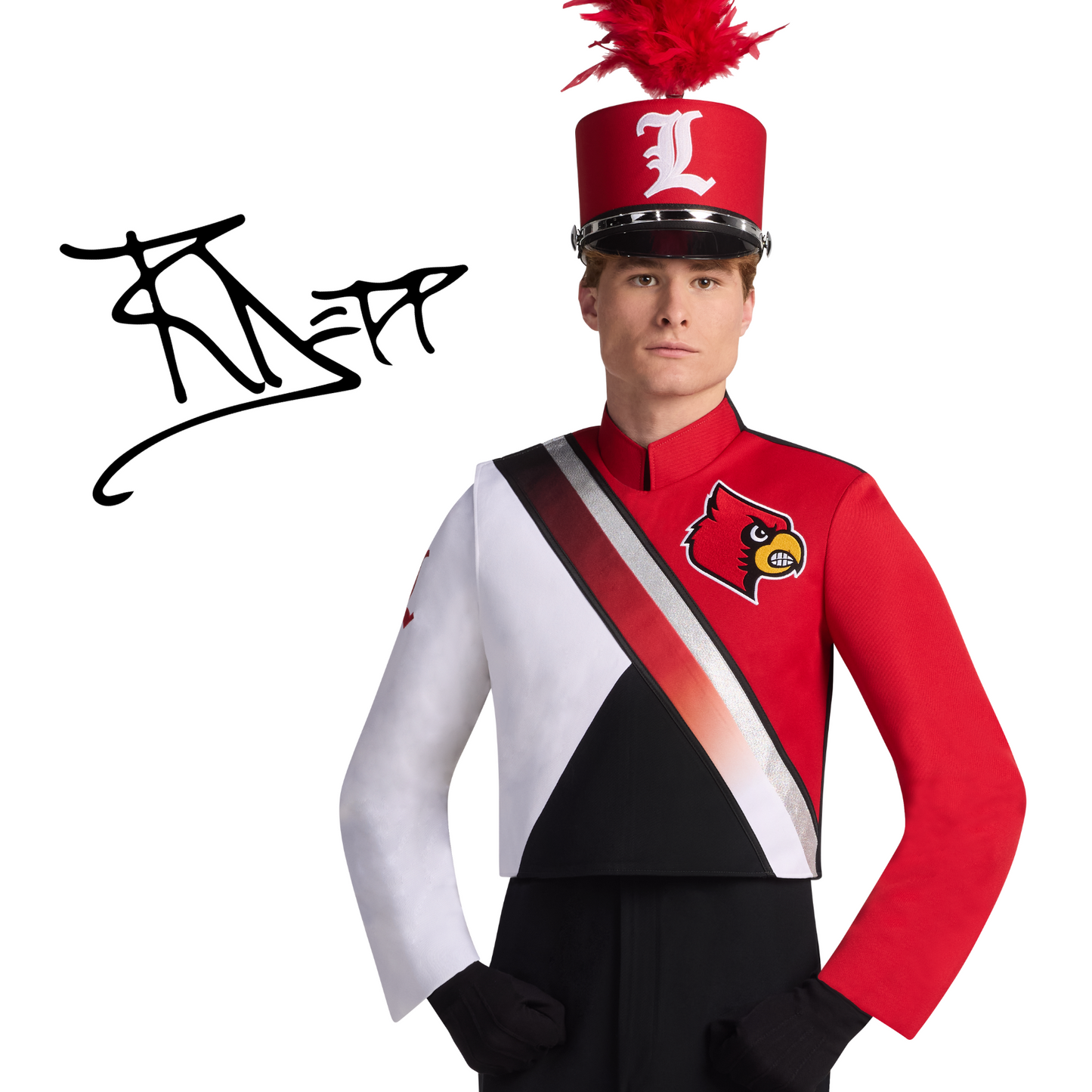 Person wearing a red and black marching band uniform with a sash and hat on a white background