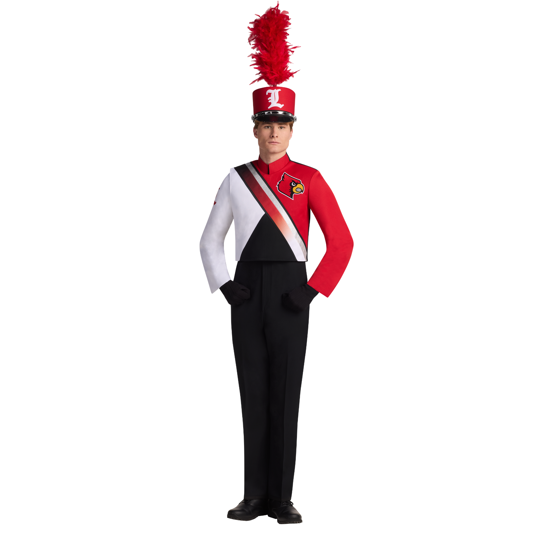 Person wearing a red, white, and black marching band uniform with a feathered hat on a white background