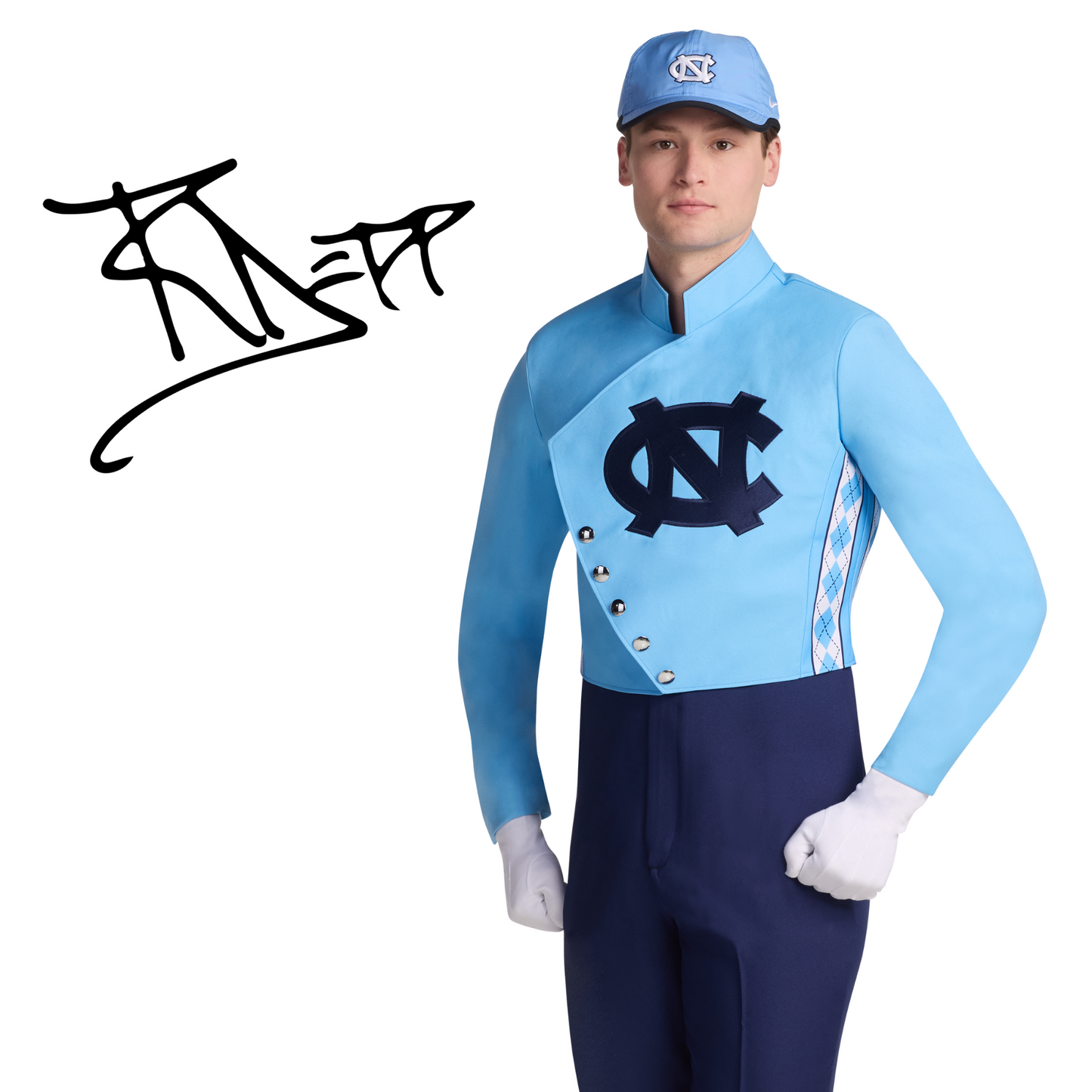 Person wearing a blue and navy outfit with a logo, on a white background